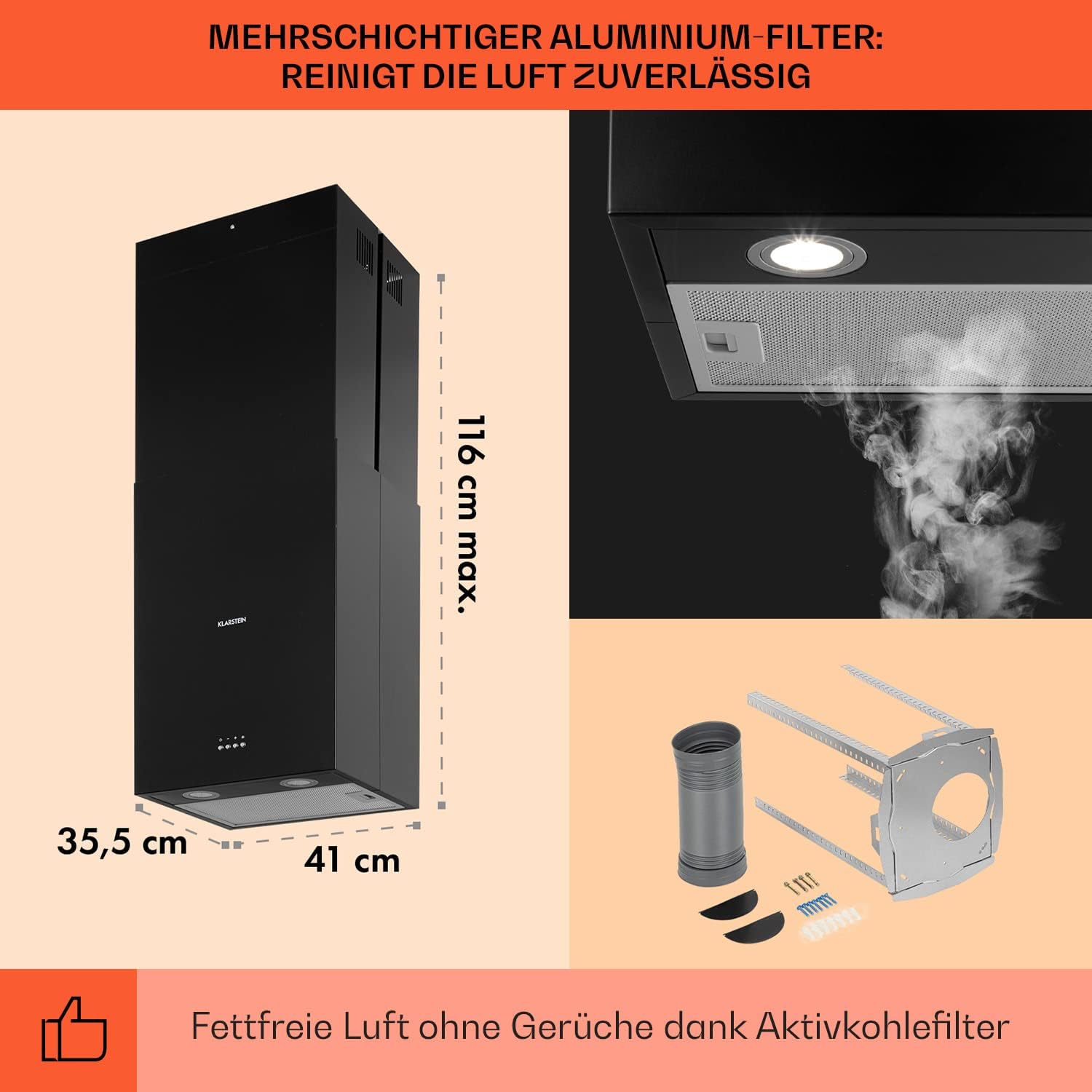 Klarstein Structura - Inselabzugshaube, EEK: A, Abluft/Umluft, 3 Stufen, Luftumwälzung: 641 m³/h max., 41 x 35,5 cm, LED-Beleuchtung, optionale Ausstattung mit Aktivkohlefiltern, Edelstahl, schwarz