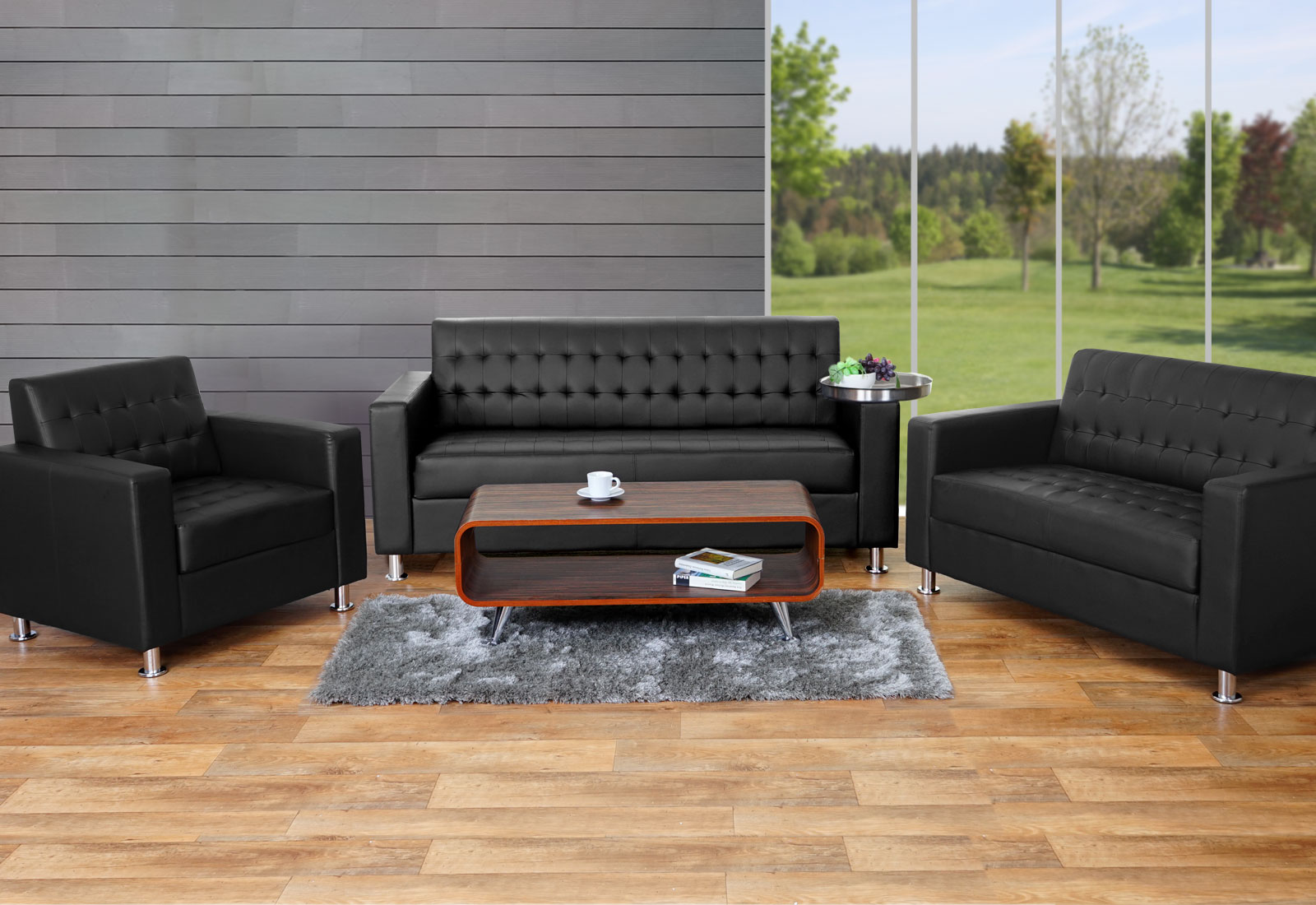 3-2-1 Sofagarnitur Pori, Couch Loungesofa Kunstleder, Metall-Füße ~ schwarz