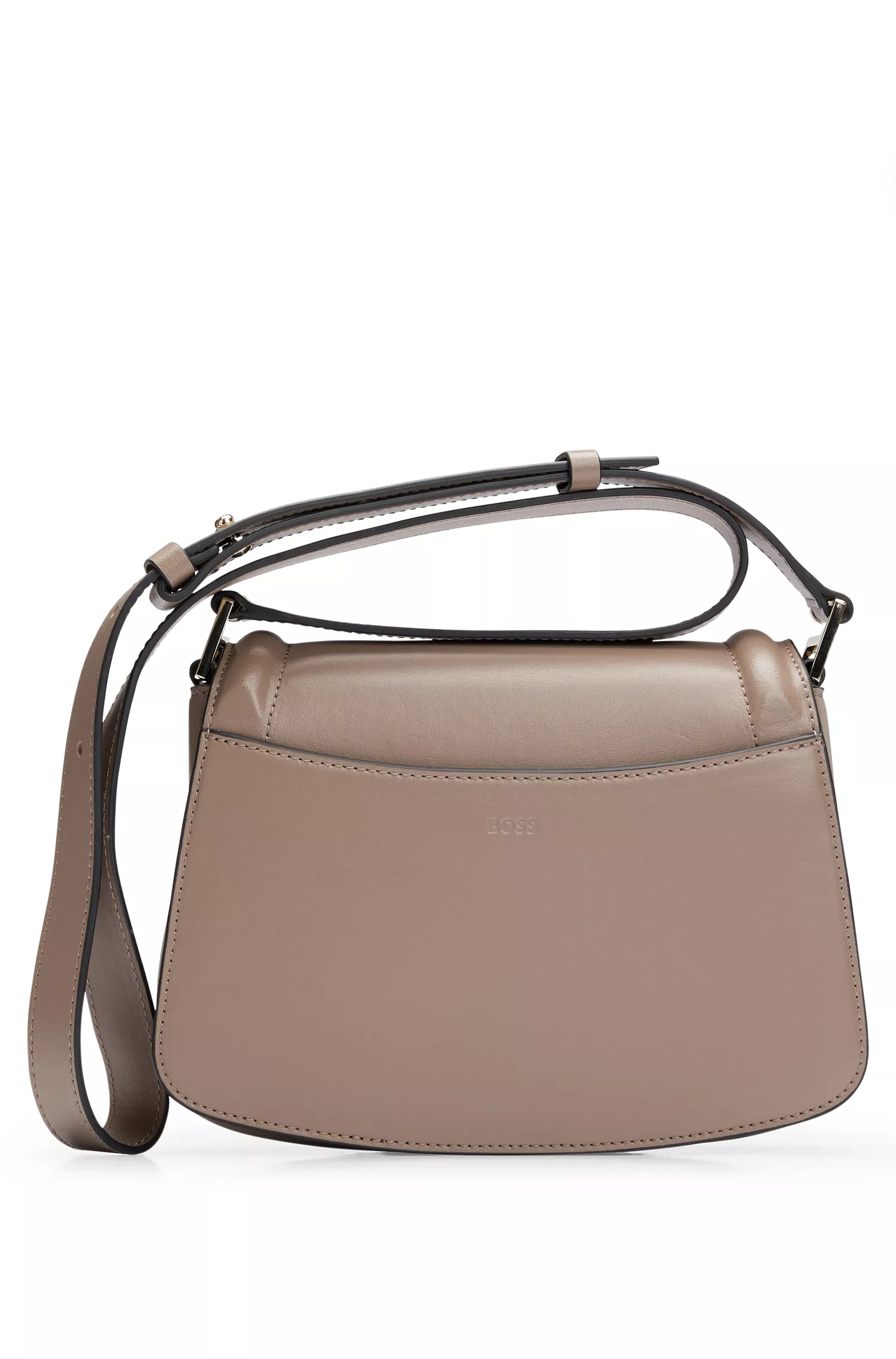 Bolsa de selim BOSS em couro preto com detalhes da marca.