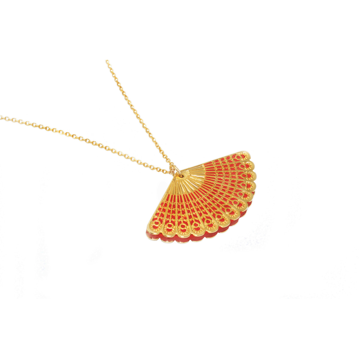 Collier avec  pendentif éventail coloré -doré à l 'or fin