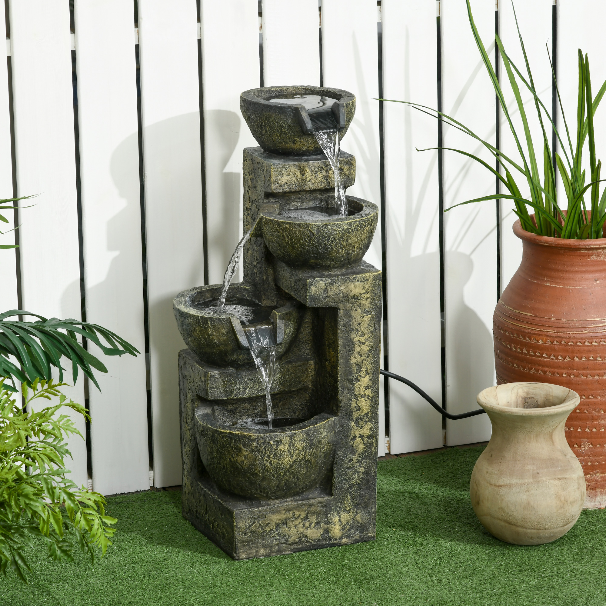Fonte de jardim Outsunny 5W, fonte de cascata de 4 níveis com bomba de água e saída de água ajustável para decoração de pátio, 25x24x60 cm, multicolorida