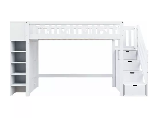 Lit en mezzanine, 90*200 cm, échelle de rangement, étagères, armoires de rangement à charnières, espace dressing sous le lit, poignées d'amour, blanc