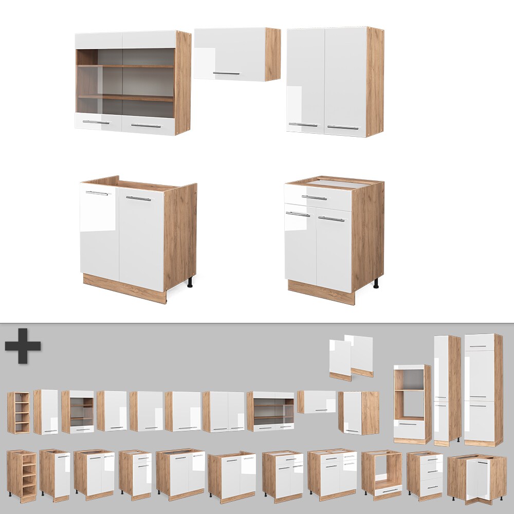 Vicco Küchenzeile Küchenblock Einbauküche Fame-Line Eiche Weiß 200 cm modern Küchen Schränke Schubunterschrank Spülenunterschrank Hängeschrank Hängeglasschrank Hochglanz