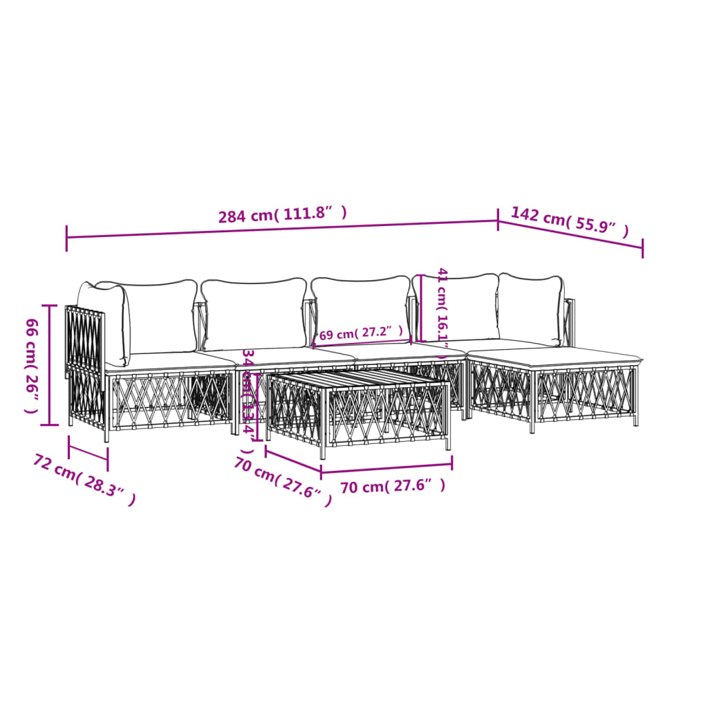 Salon de jardin meuble d'extérieur ensemble de mobilier avec coussins 6 pièces blanc acier