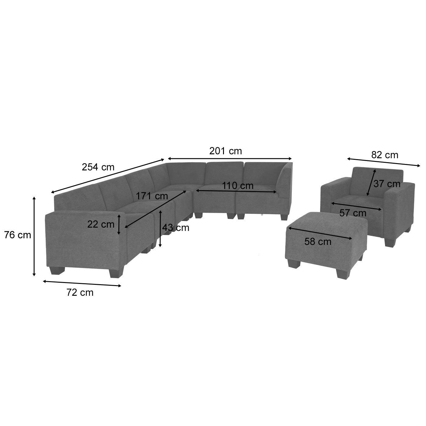 Modular Sofa-System Couch-Garnitur Moncalieri 6-1-1, Stoff/Textil ~ grau