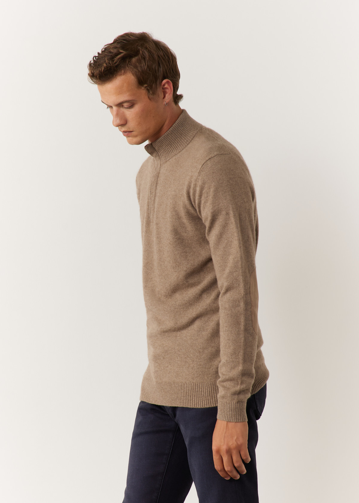 Pull col zippé en cachemire uni taupe clair