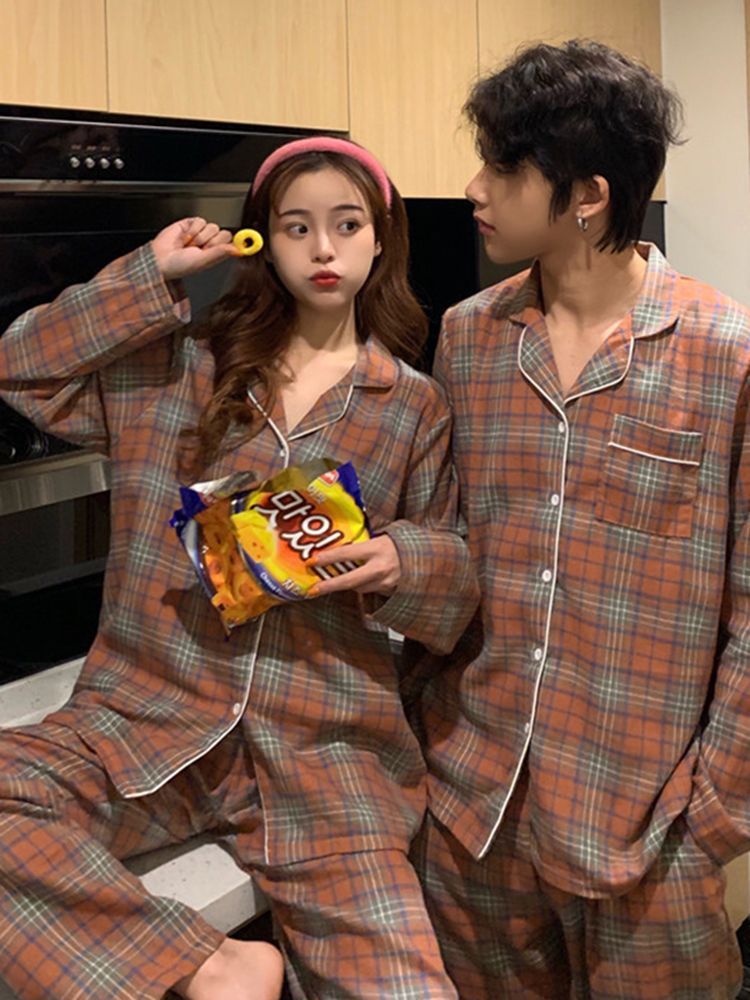 Whoosh - Bijpassende pyjamaset voor koppels: geruite top met lange mouwen + broek