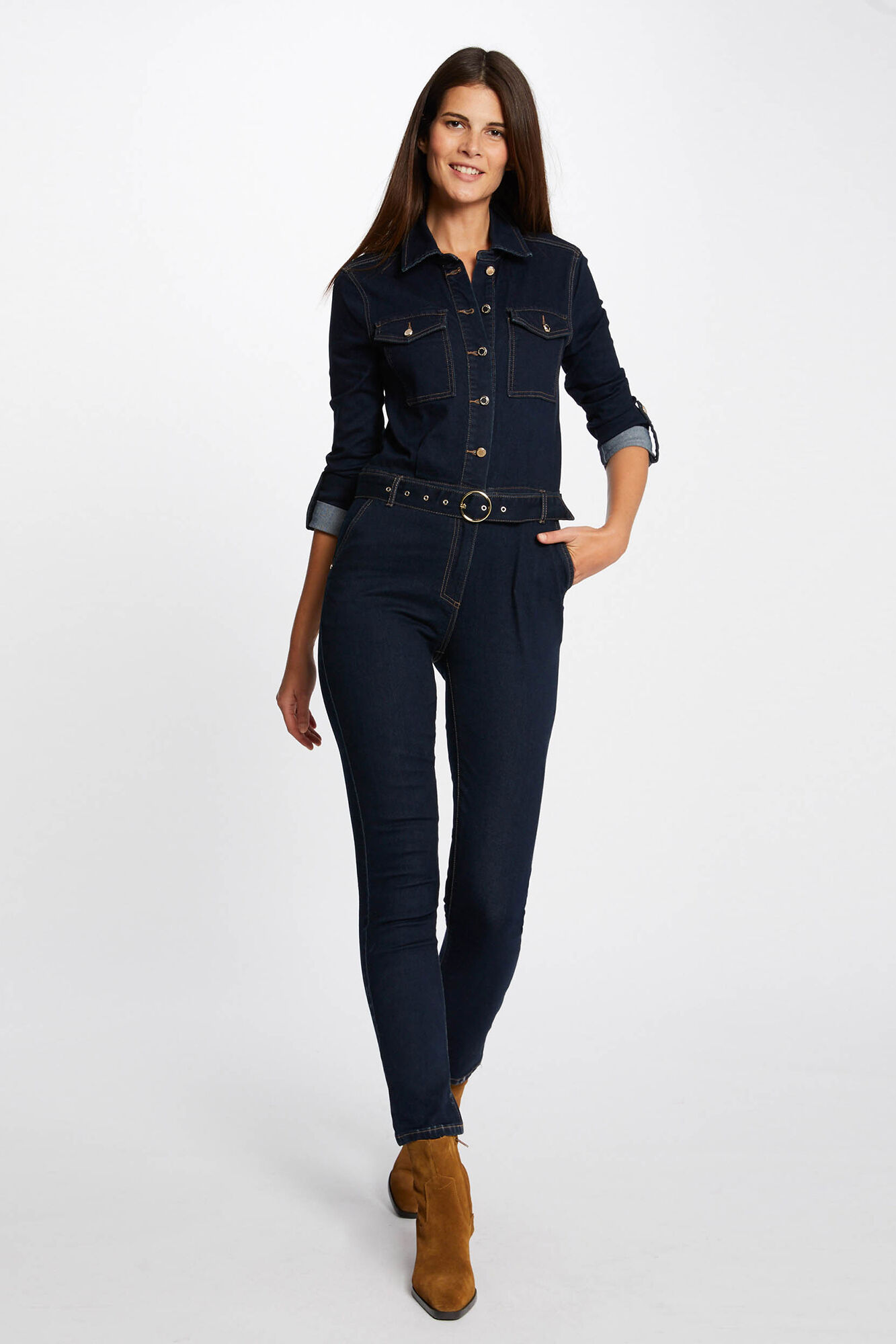 Macacão jeans comprido e ajustado com fechamento por botões - Azul marinho