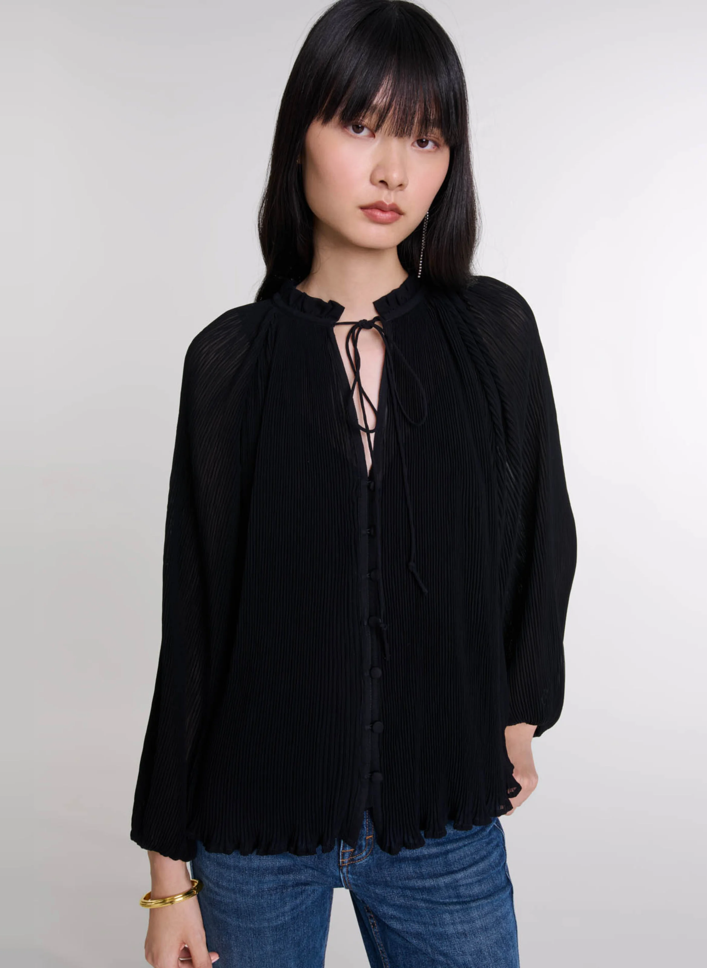 Blouse col rond plissée | Noir