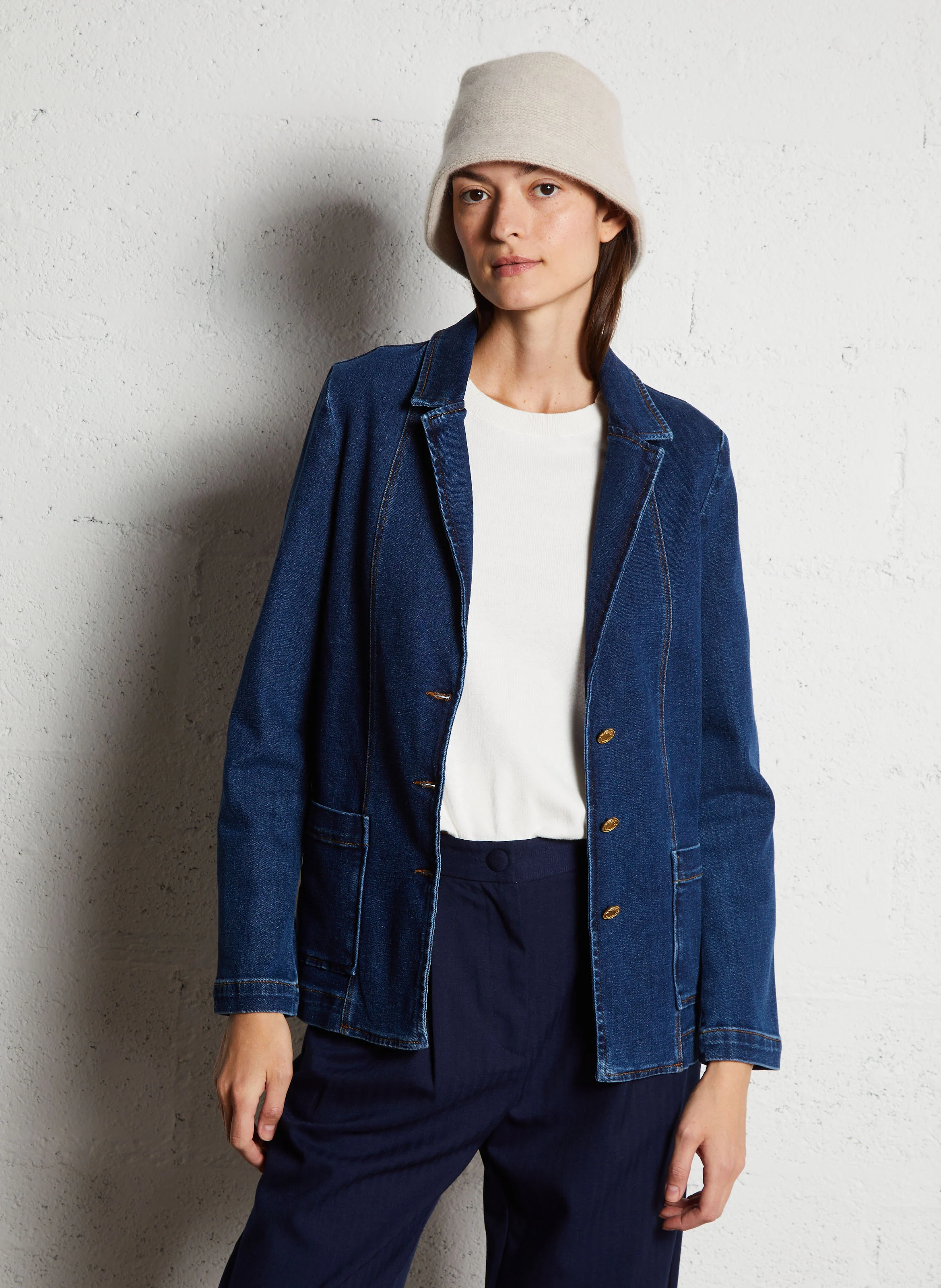 Veste droite col tailleur en coton mélangé | Bleu