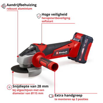 Einhell 18V slijptol / haakse slijper 115mm TC-AG 18/115 LI incl 4.0Ah accu en lader