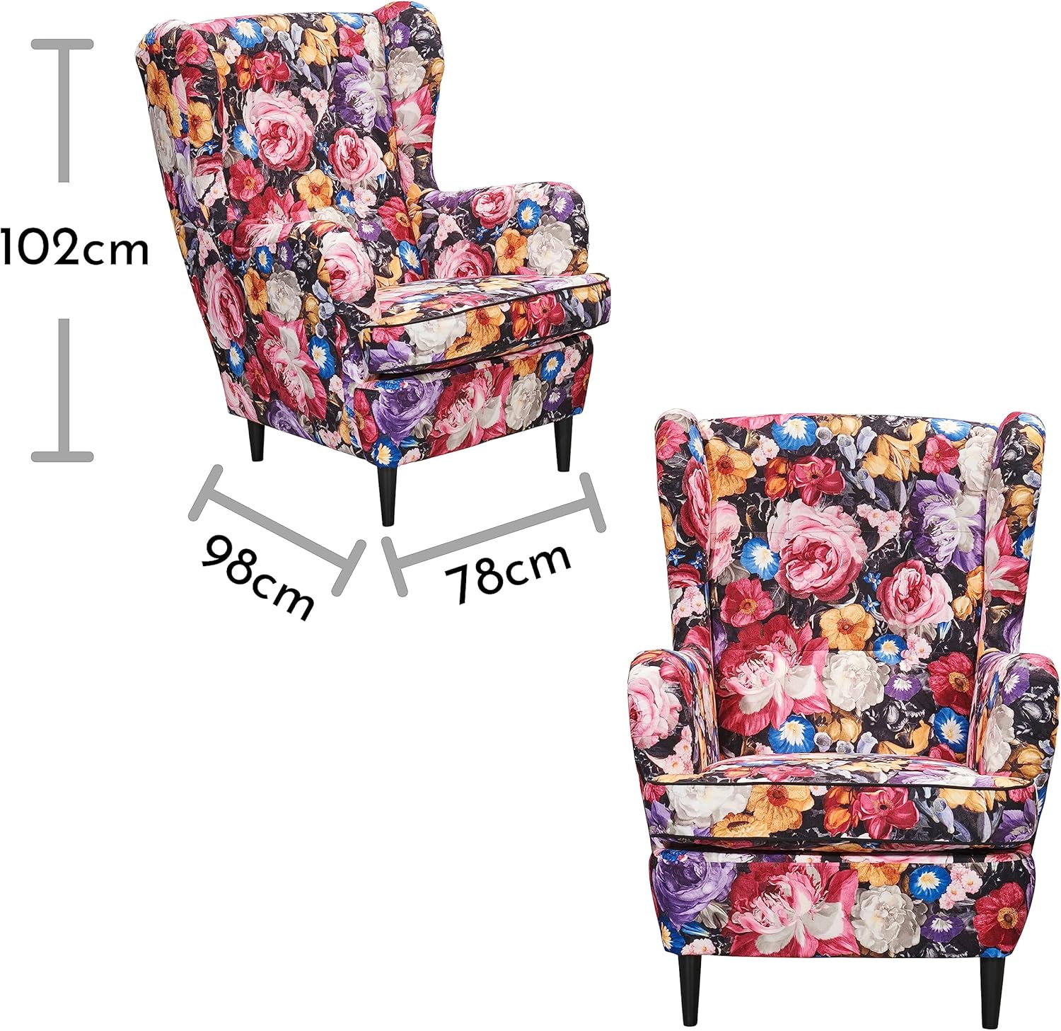 LAUREL Ohrensessel mit geknöpfter Polsterung und floralem Muster - Vintage Wohnzimmer Sessel mit Massivholz Füßen - 78 x 102 x 98 cm (B/H/T)