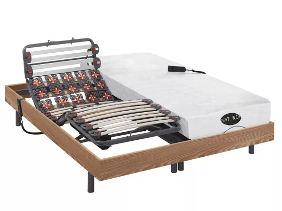 Lit électrique de relaxation lattes et plots + matelas mémoire de forme et bambou - 2 x 80 x 200 cm - Chêne - DAMYSOS de NATUREA