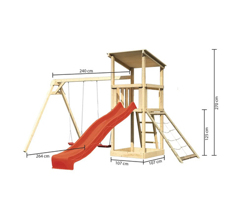 Speeltoren/speelhuis Karibu Anna, 107 x 107 cm, van hout, bestaande uit een glijbaan, 2 schommelsets en een rode nethelling.