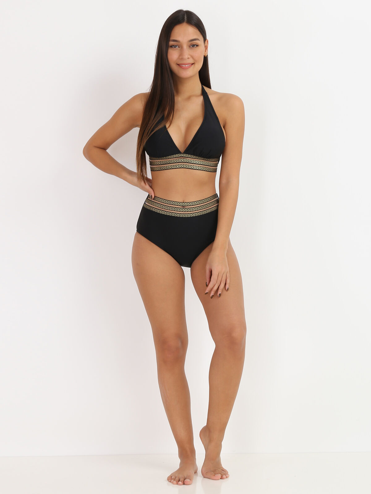 Bikini taille haute noir à motif Grecque Noir- Noir
