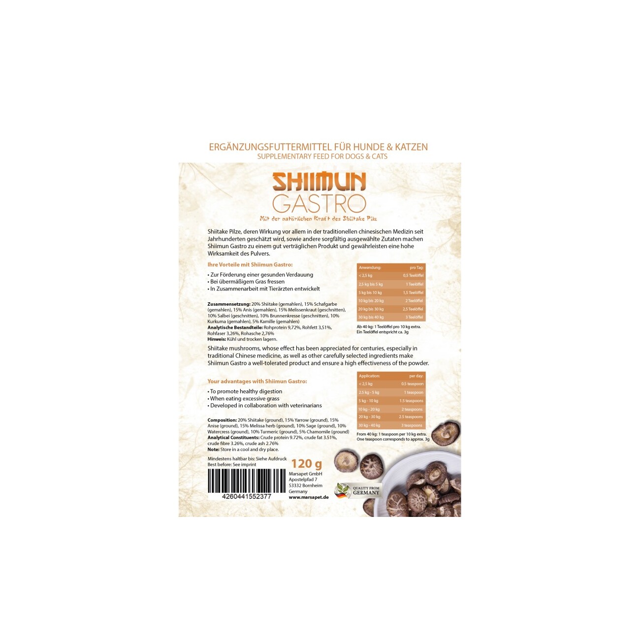 Marsapet Shiimun Gastro Pulver für Hunde und Katzen mit Shiitake - 120g