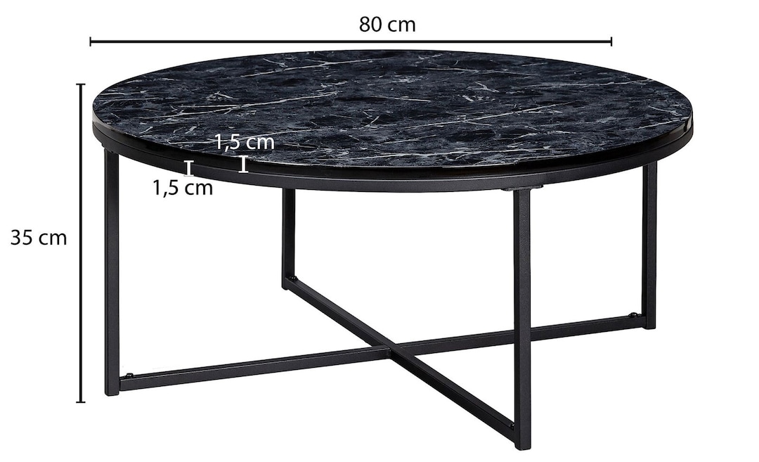 Couchtisch rund 80 cm Schwarz/ Marmor Optik Schwarz