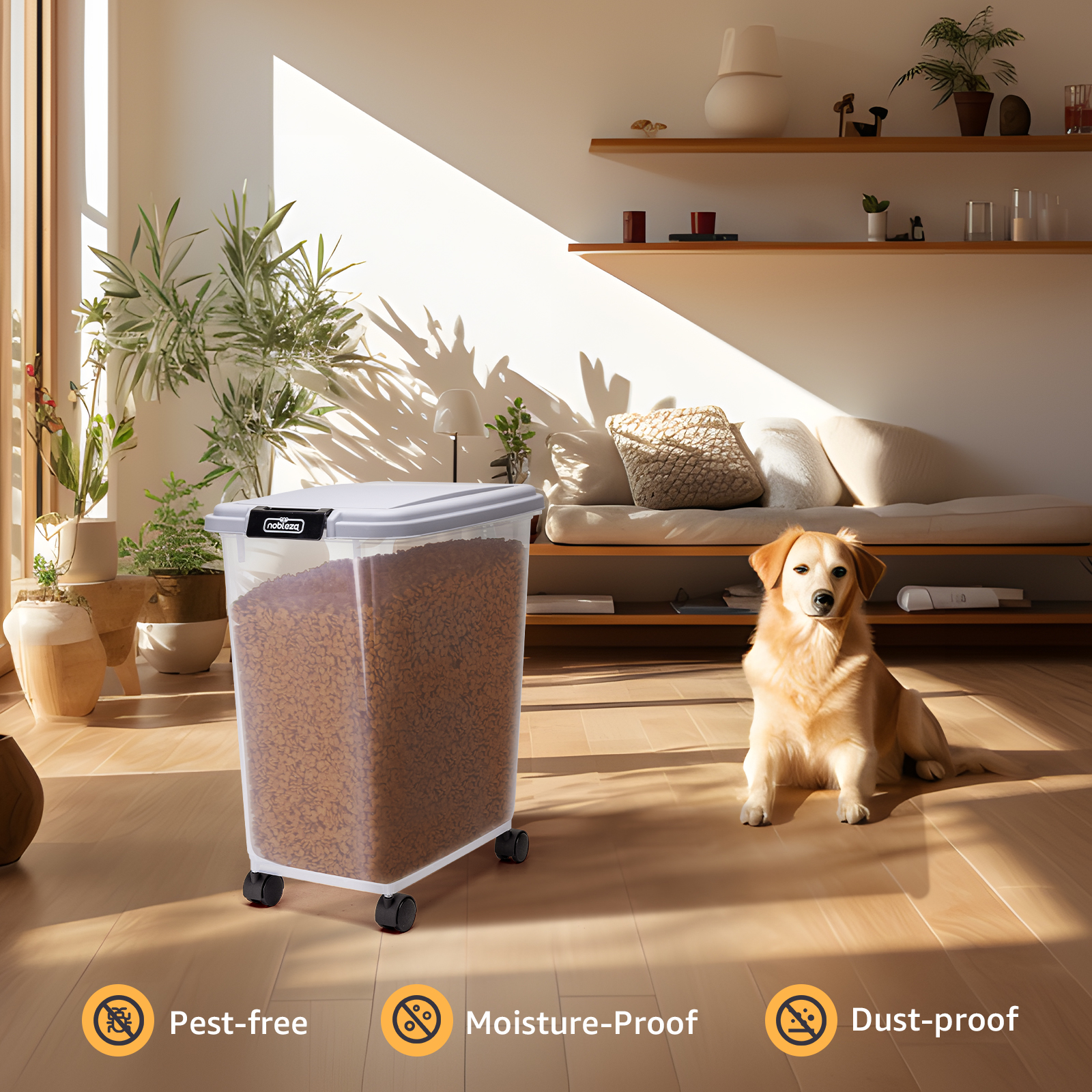 Nobleza - Recipiente para Ração de Animais de Estimação, 40L, Caixa para Ração com Rodas, Tampa Articulada, Hermética, Transparente, com Rodas e Pá, para Ração de Cães e Gatos, Cinza