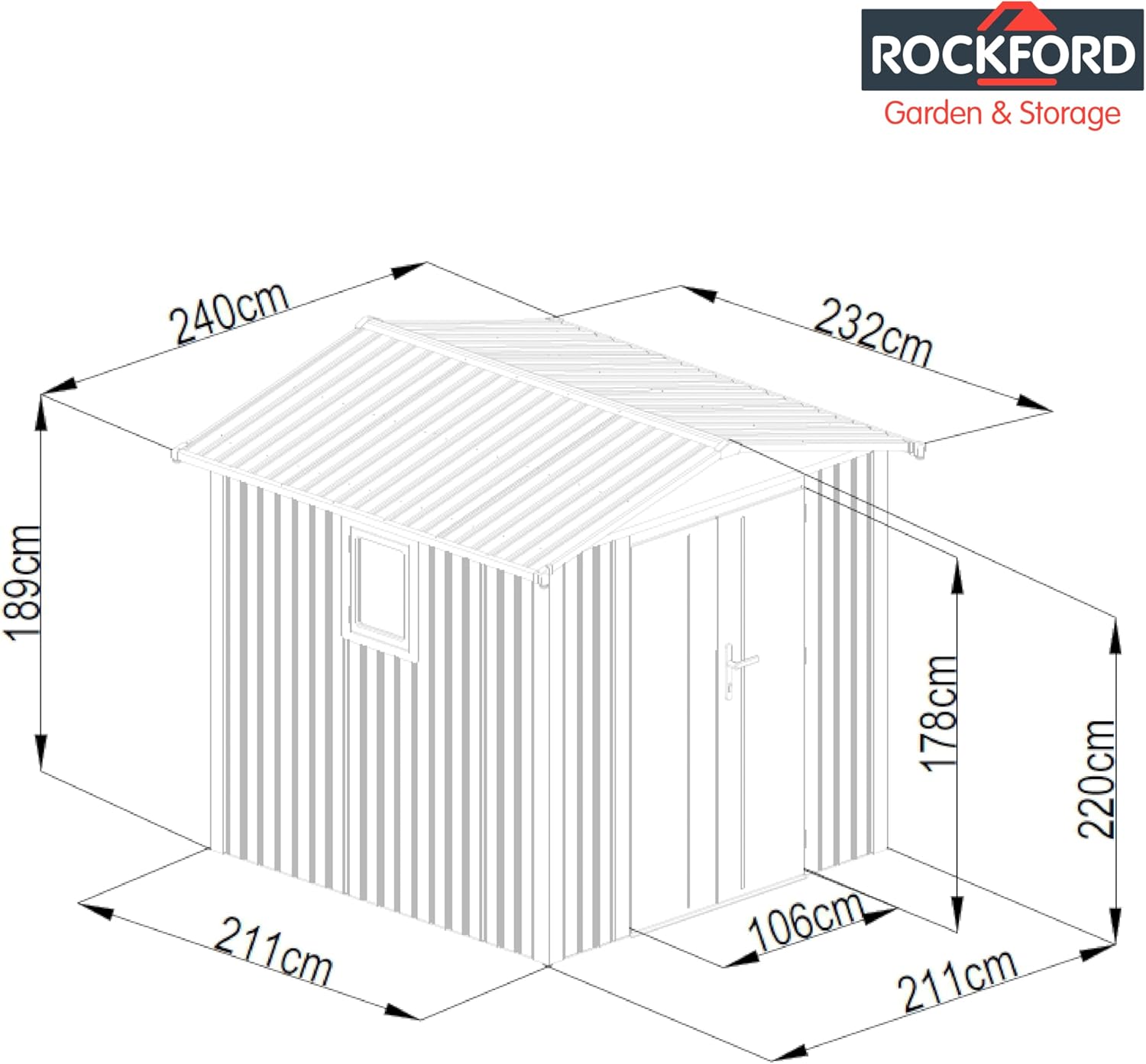 Rockford Braga 200 gartenhaus Metall - Gerätehaus mit Doppeltür und Polycarbonat-Fenster - 240x232x220cm - Geräteschuppen, Gartenhütte, Metallgerätehaus, Fahrradgarage - Grau, RF2243360