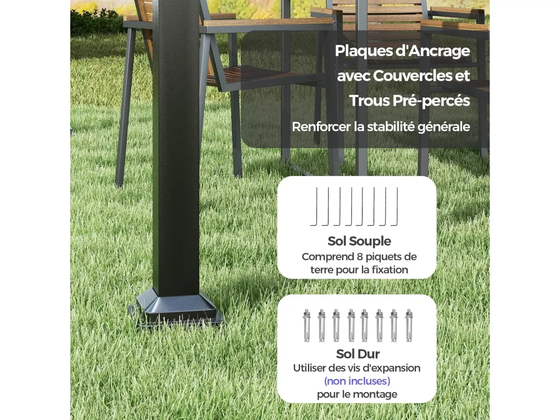 Pergola d'Extérieur 310 x 310 CM avec Auvent Rétractable, Abri Colonnes Métalliques Robustes Pavillon Moderne Pare-Soleil, Tonnelle pour Jardin Patio Terrasse Porche, Gris