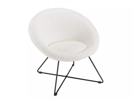 ALBANE - Fauteuil tissu bouclette blanc pieds croisés métal noir