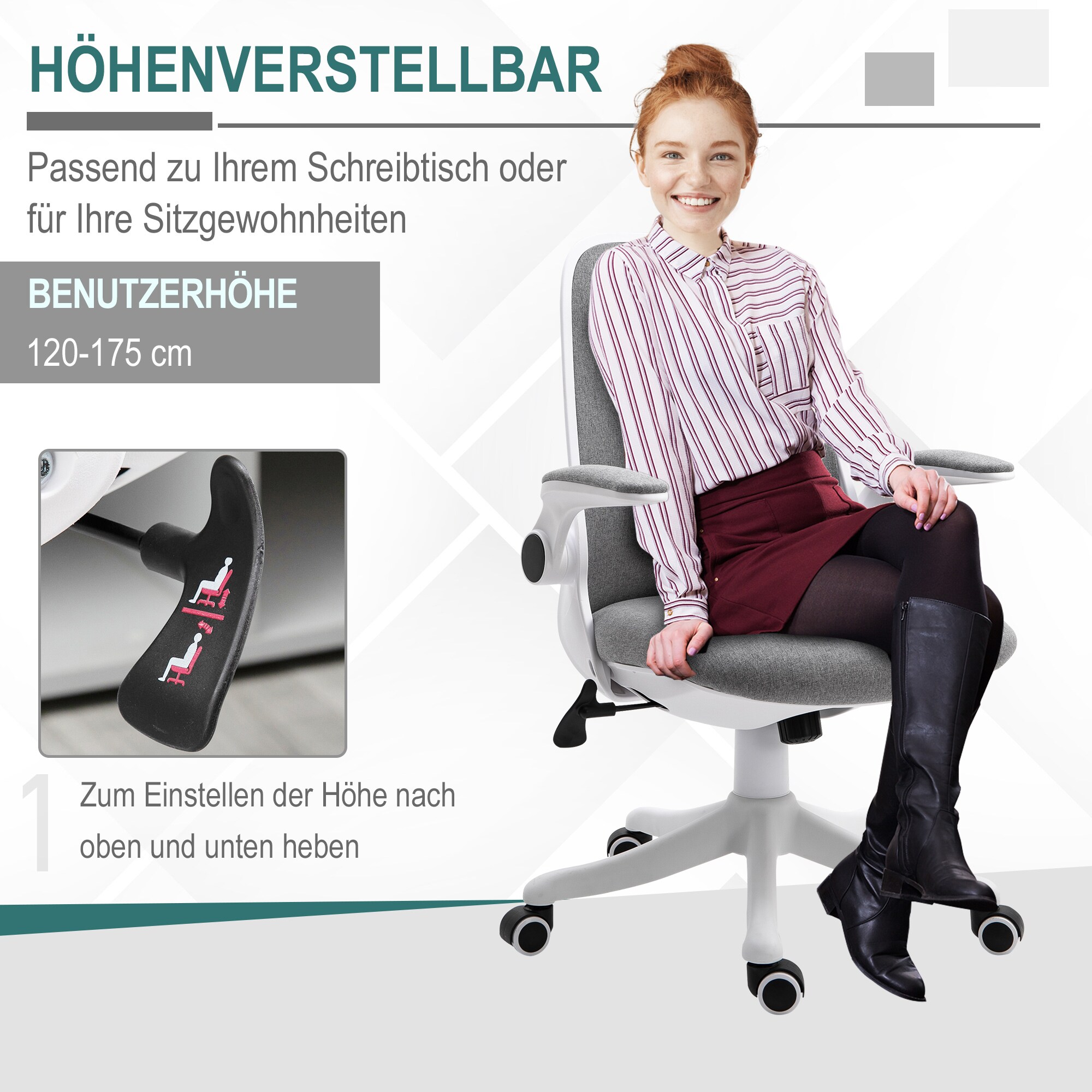 Vinsetto Bürostuhl mit Wippfunktion höhenverstellbar Grau+Weiß 62,5 x 60 x 90-98 cm (BxTxH)