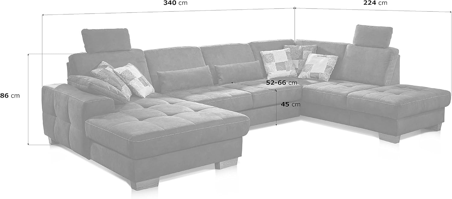 CAVADORE Wohnlandschaft Puccino mit Federkern, Bettfunktion, Sitztiefenverstellung und 2 Kopfstützen / Sofa in U-Form im Landhausstil / 340 x 86 x 224 cm / Mikrofaser grau