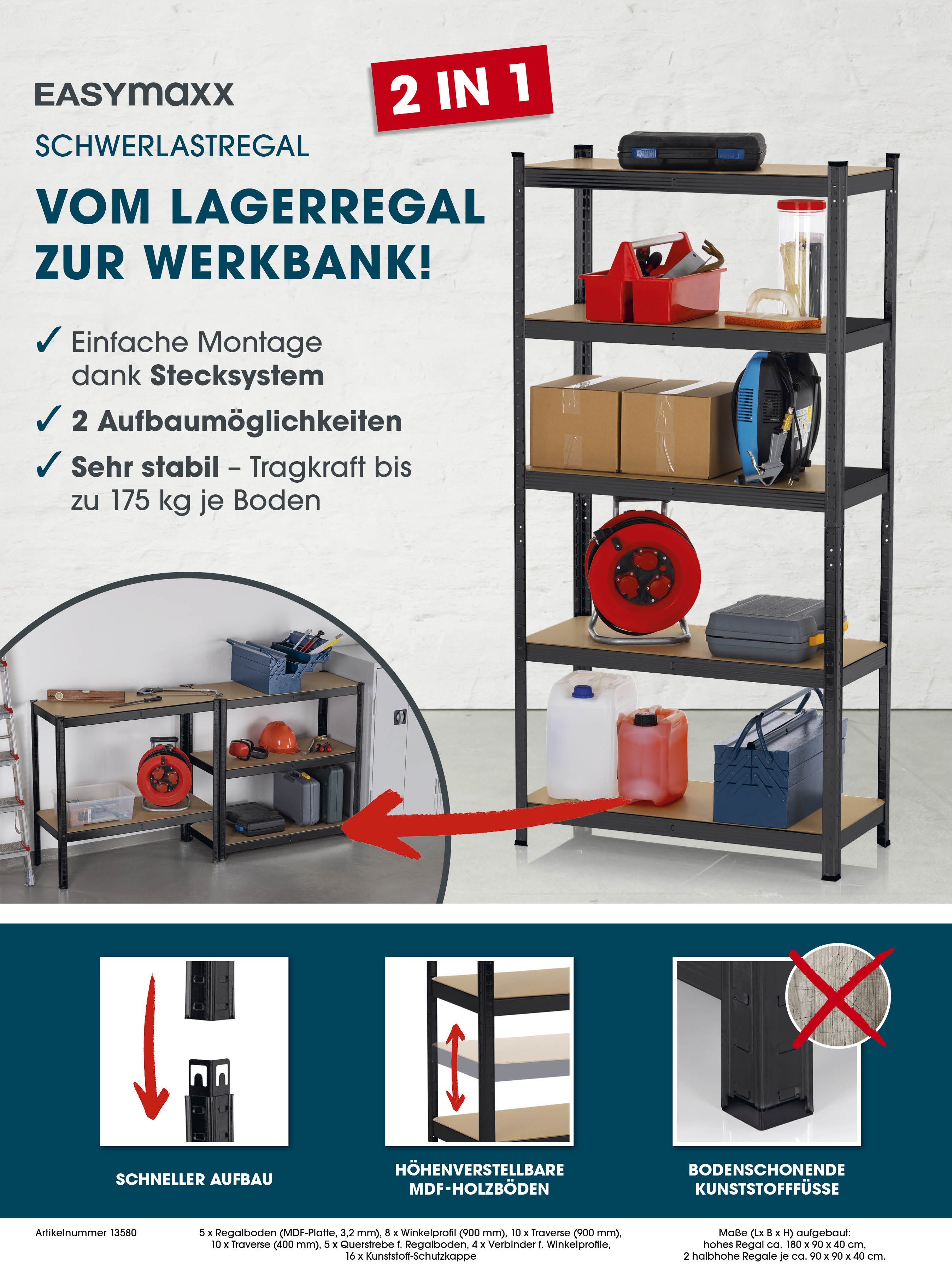 EASYmaxx Schwerlastregal mit 5 belastbaren Holzböden 180x90x40cm