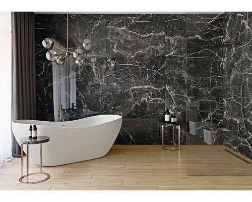 Porseleinen wand- en vloertegel Marquina 119,7 x 59,7 x 0,8 cm goud gepolijst gerectificeerd