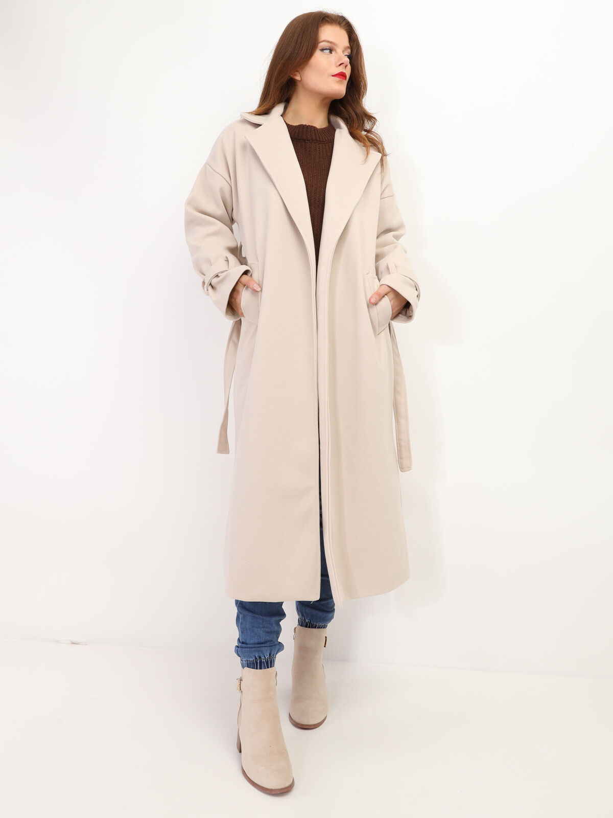 Manteau long oversize à ceinture- Beige