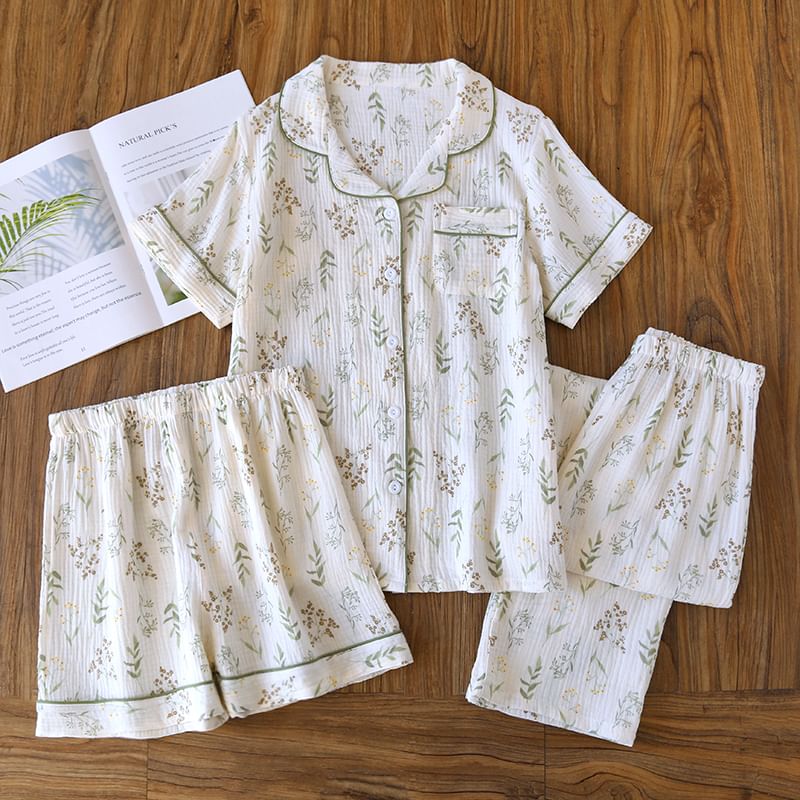 Dogini - Pyjamaset: overhemd met korte mouwen en bladprint + korte broek + broek