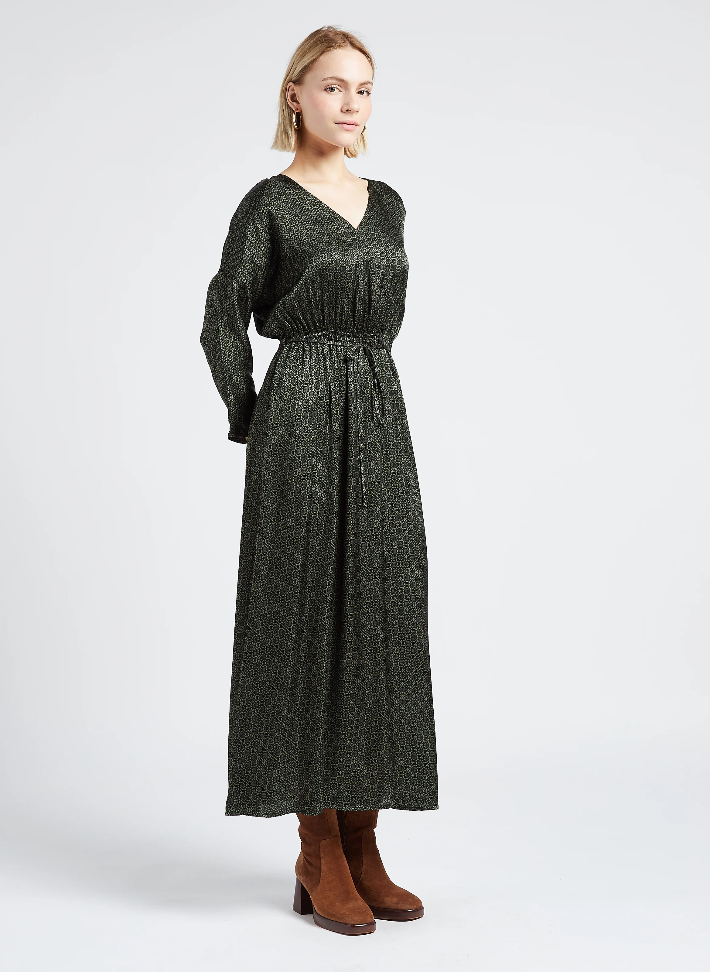 LUNA - Robe midi col V imprimée| Vert