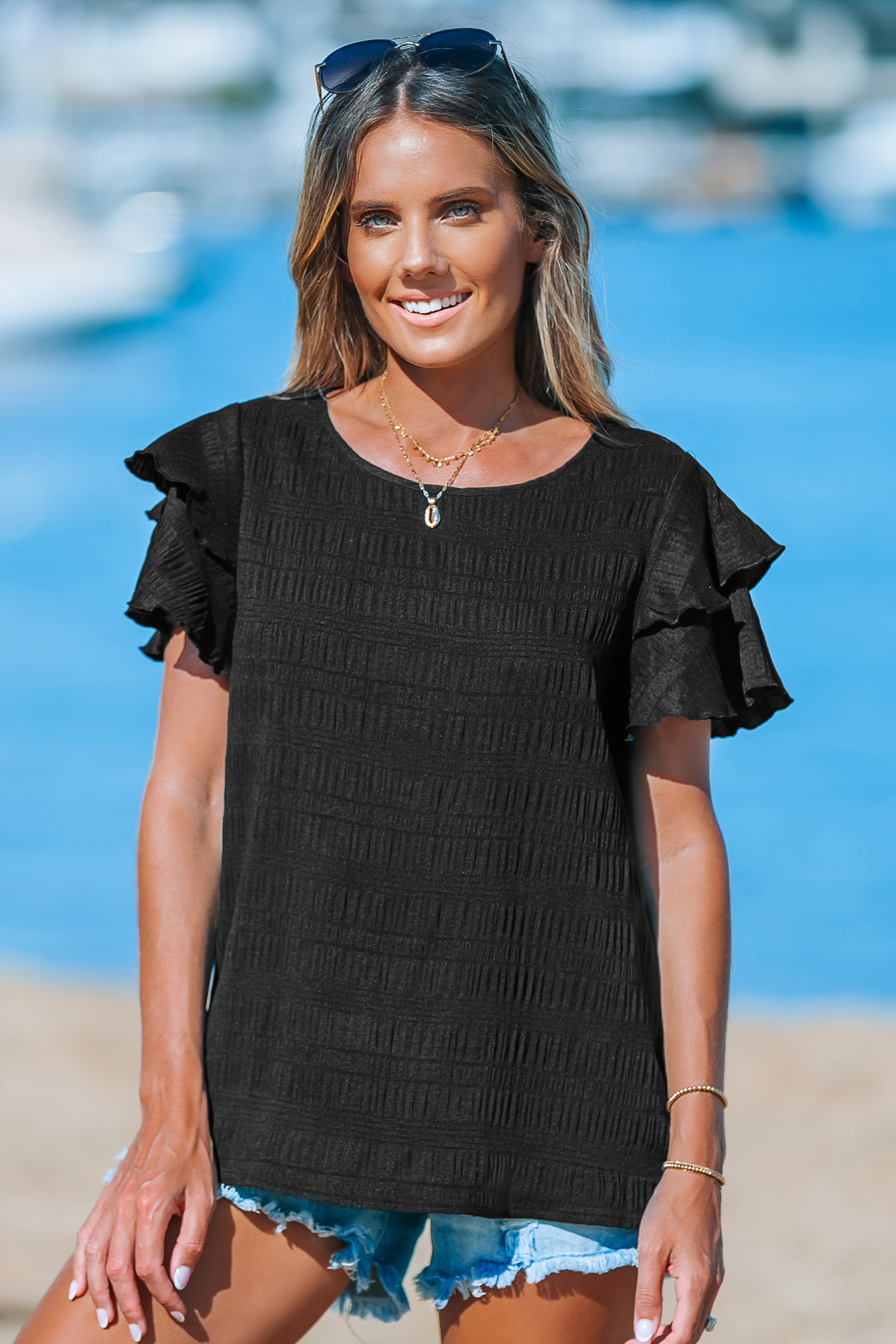 Blouse avec manches à volants superposés noir