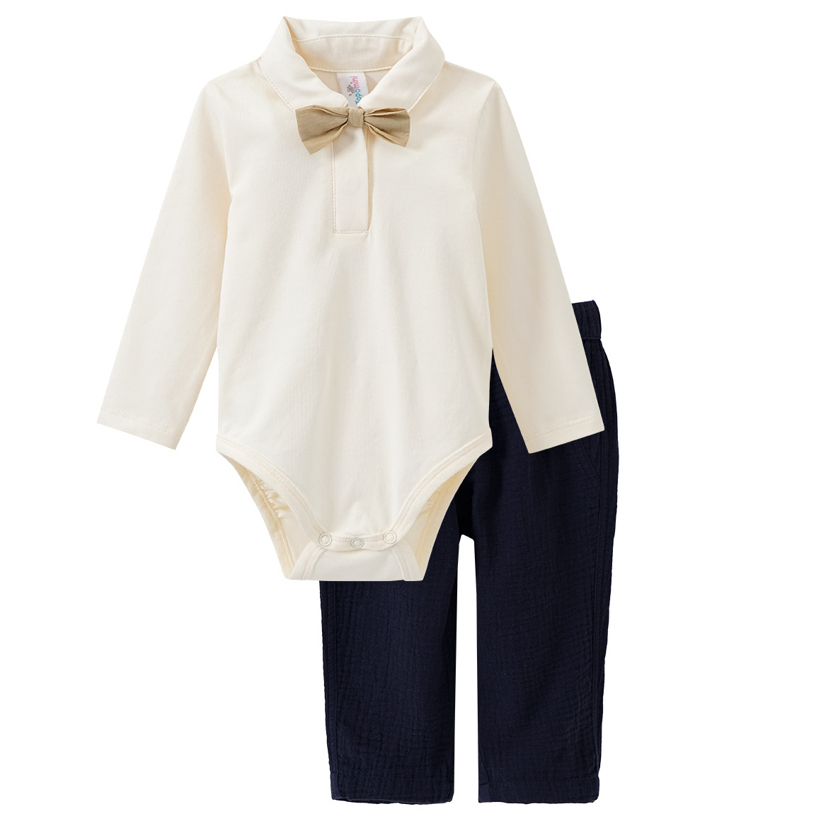 Topomini Baby Body mit Musselinhose im Set dunkelblau / cremeweiss / beige