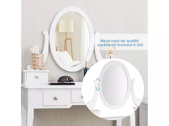 Coiffeuse Table de Maquillage avec Miroir Ovale Pivotant à 360°, 5 Tiroirs Finition Peinte, avec Tabouret Rembourré Finition Peinte, Facile à Monter (Blanc)