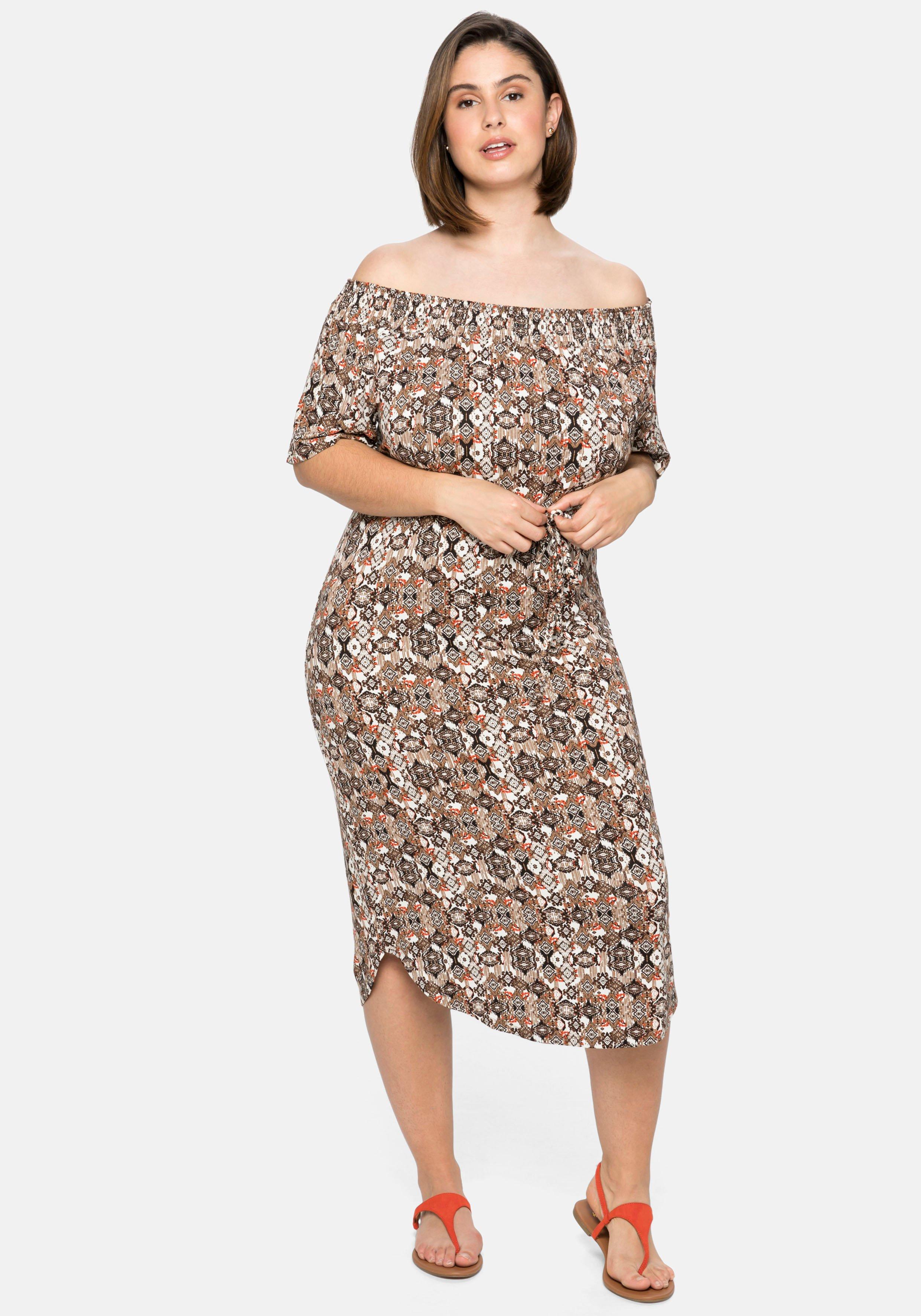 Jerseykleid mit Bindeband und Carmenausschnitt