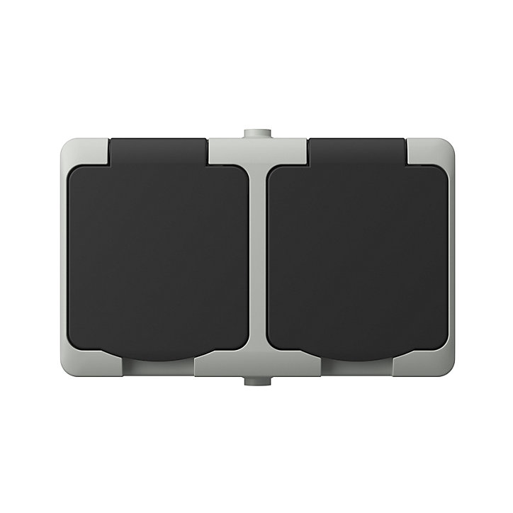 Prise avec terre étanche en saillie gris complet - H 8,5 cm / L 6,5 cm / P 5 cm