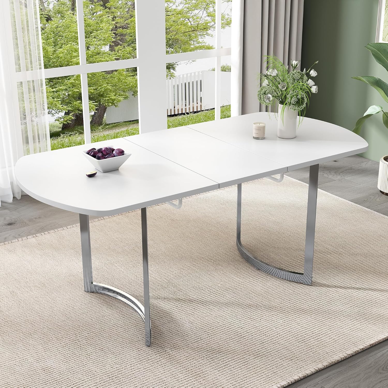 Bladez Ausziehbarer Esstisch 140-180 cm Oval | Luxus Versilberte Beinen | Weißer Küchentisch Modern Elegant | Für 6-8 Personen | MDF Tischplatte (Weiß+Versilberte)