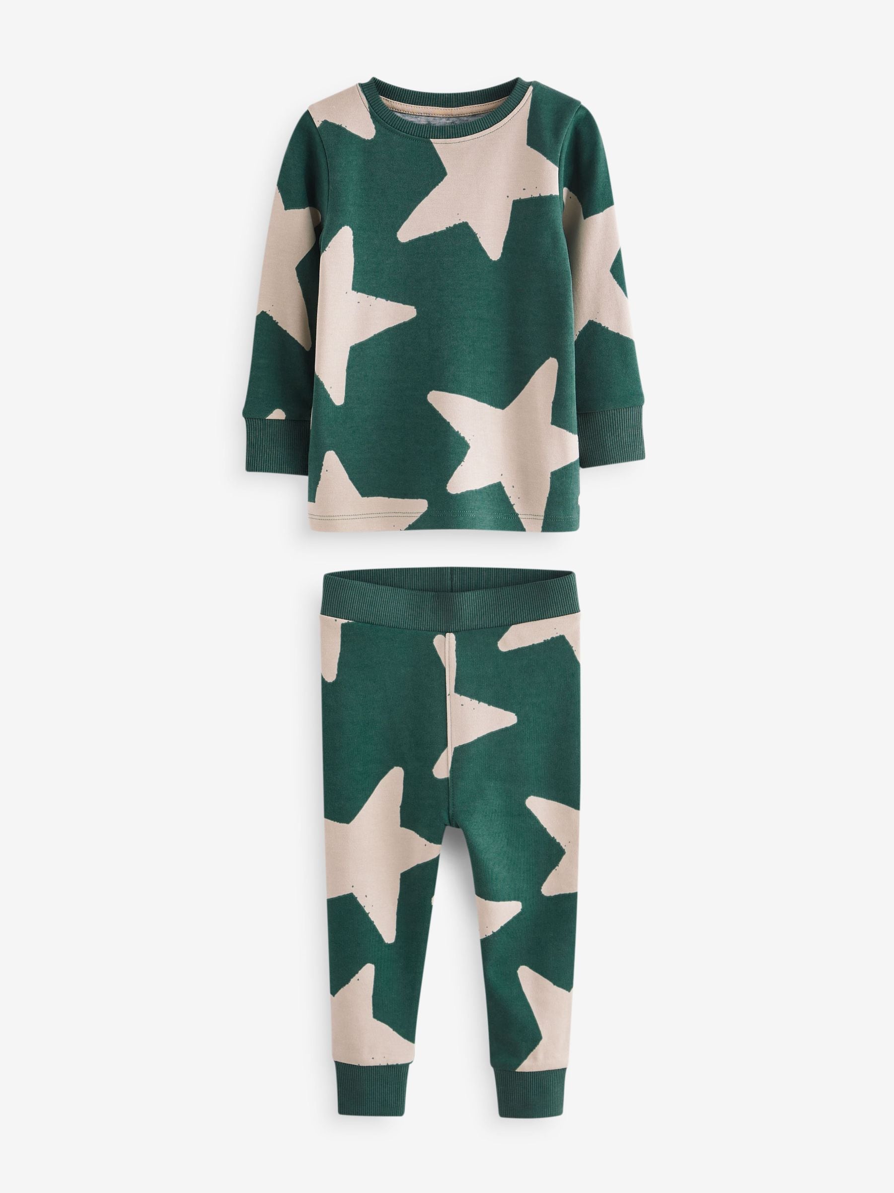 Groen/ecru/bruin met sterren - Verpakking van 3 knusse pyjama's (9 mnd-10 jr)