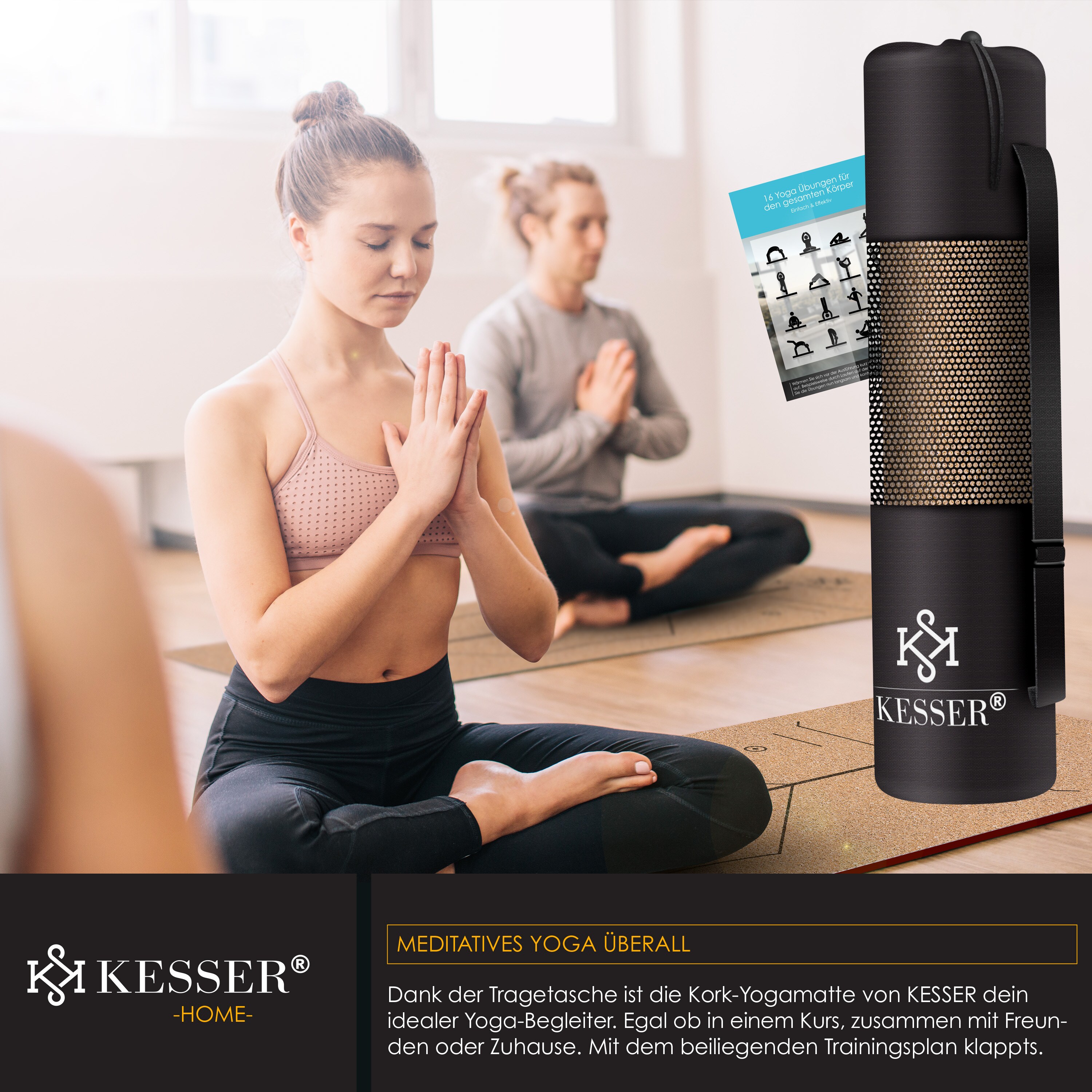 KESSER® Yogamatte Kork Inkl. Tragegurt Tasche & Yoga-Block Gymnastikmatte Yoga Matte rutschfest aus Naturkautschuk TPE Fitnessmatte, 183 x 62 Trainingsmatte für Fitness Sportmatte, Gymnastik extradick