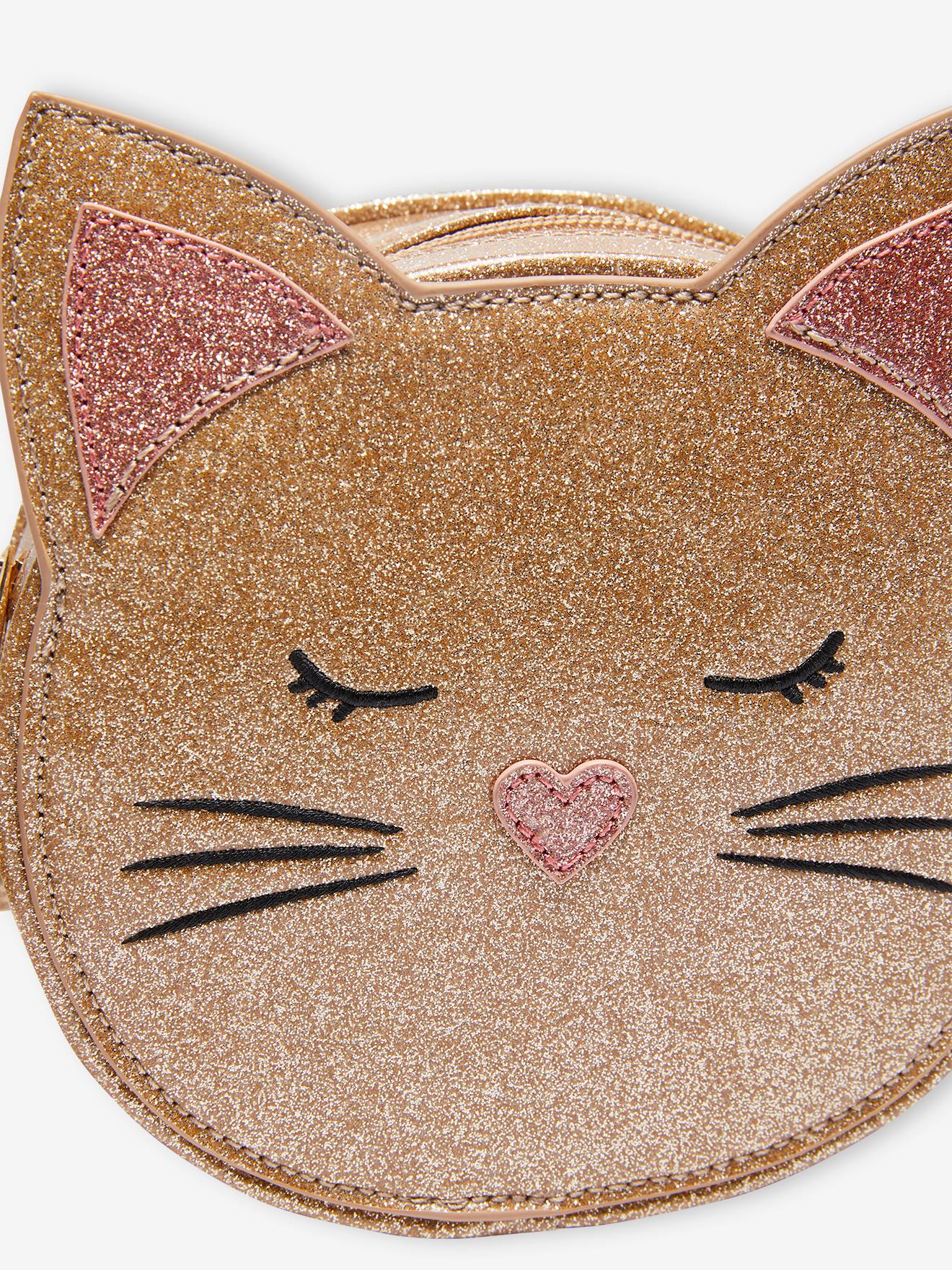 Bolsa redonda dourada com gatinho brilhante para meninas
