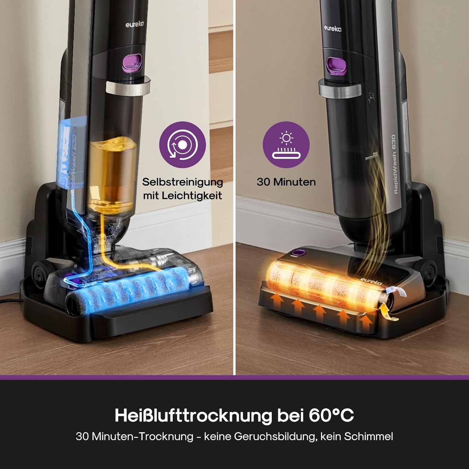 Eureka RapidWash NEW630 Nass Trockensauger Kabelloser Staubsauger mit 170° Neigung,60°C Heißlufttrocknung,21600 Pa Saugkraft,Saugwischer 38min,Selbstreinigung und Anti-Tangle für Hartböden,LED-Anzeige