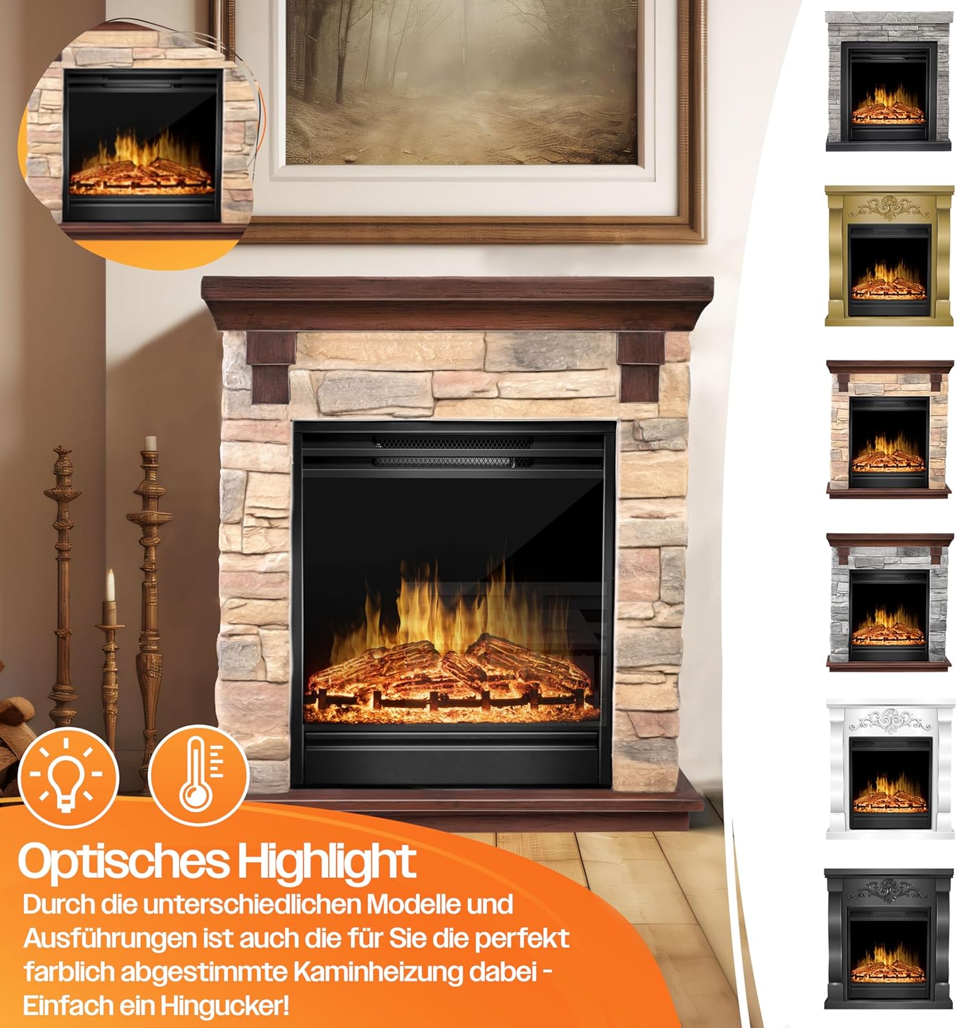 KESSER® Elektrokamin Standkamin - Kamin elektrisch mit LED 3D-Flammeneffekt, Mit Heizung Heizfunktion, Elektro Kamin mit 1800W Leistung, Timer, Thermostat, Fernbedienung, dimmbar, Natur/Braun