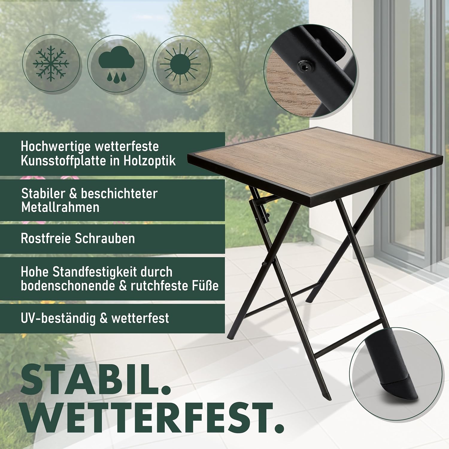 BRUBAKER Gartentisch Bergamo - 58 x 58 cm Balkontisch wetterfest - Metall Beistelltisch klappbar - Campingtisch eckig mit Holz Optik - Klapptisch für Balkon, Terrasse - Bistrotisch - Braun AO6863931