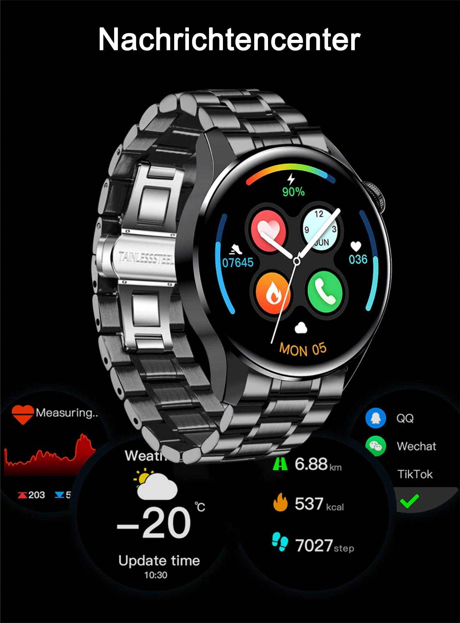 TPFNet Smart Watch / Fitness Tracker IP67 für Damen & Herren - Edelstahl Armband - Android & IOS - Schwarz