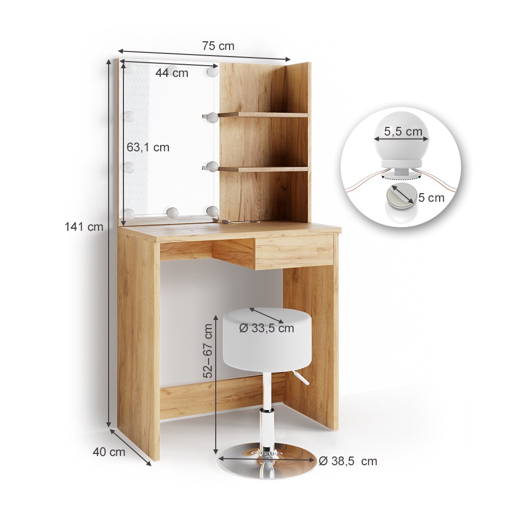 VICCO LED Schminktisch DEKOS Frisiertisch Kommode Kosmetiktisch Eiche Hocker