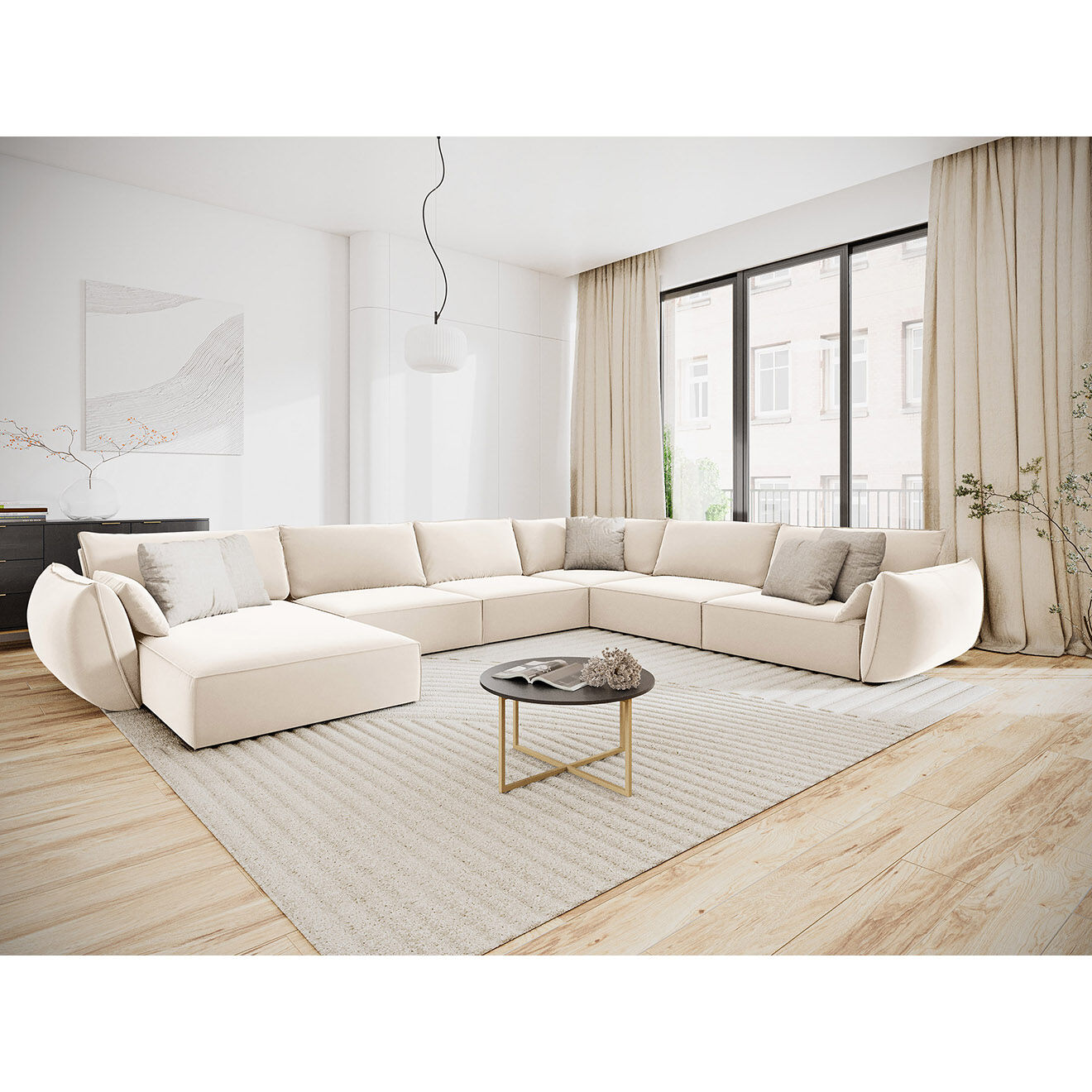 Mazzini Sofas Canapé d'angle Panoramique droit Velours Vanda 8 Places beige clair - 384x284x85 cm
