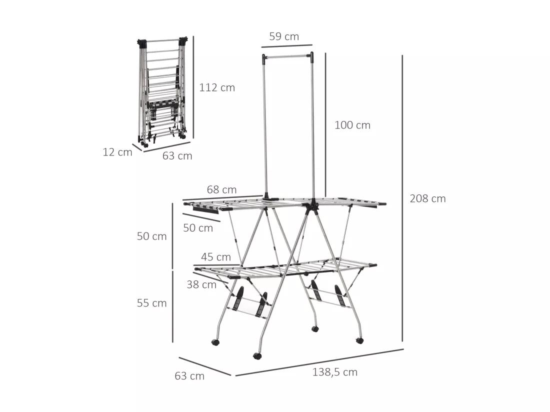 HOMCOM Séchoir à linge étendoir à vêtements pliable réglable avec barre de penderie et roulettes acier inox. PP noir