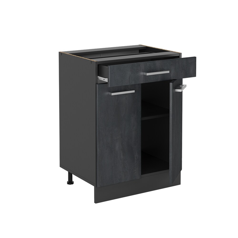Vicco Schubunterschrank R-Line Schwarz Beton Anthrazit 60 cm mit Arbeitsplatte Eiche