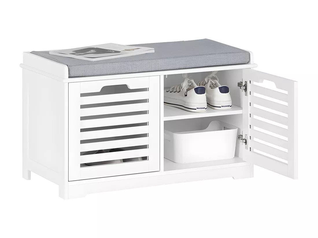 SoBuy Banc à Chaussures, Banc de Rangement à Chaussures, Meuble à Chaussures, Meuble Bas Entrée avec Coussin rembourré, 2 Portes et 4 Compartiments Ouverts, 71 x 35 x 43 cm, Blanc, FSR23-II-W